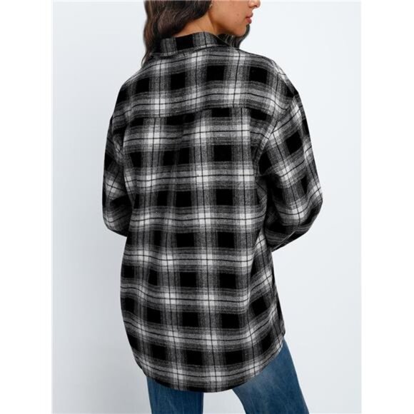 Women's Long Sleeve Flannel Shacket Button-Down Blouse - Plaid Top for Fall - Picture 5 of 7